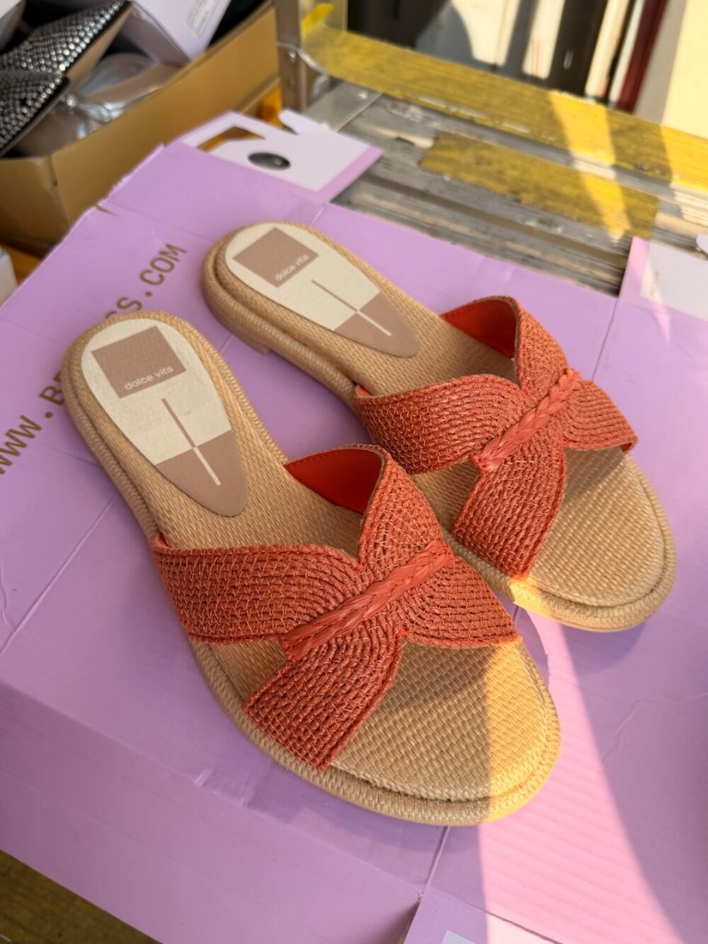 Dolce Vita Atomic Persimmon Raffia Bow Slide Sandals | Size 8.5